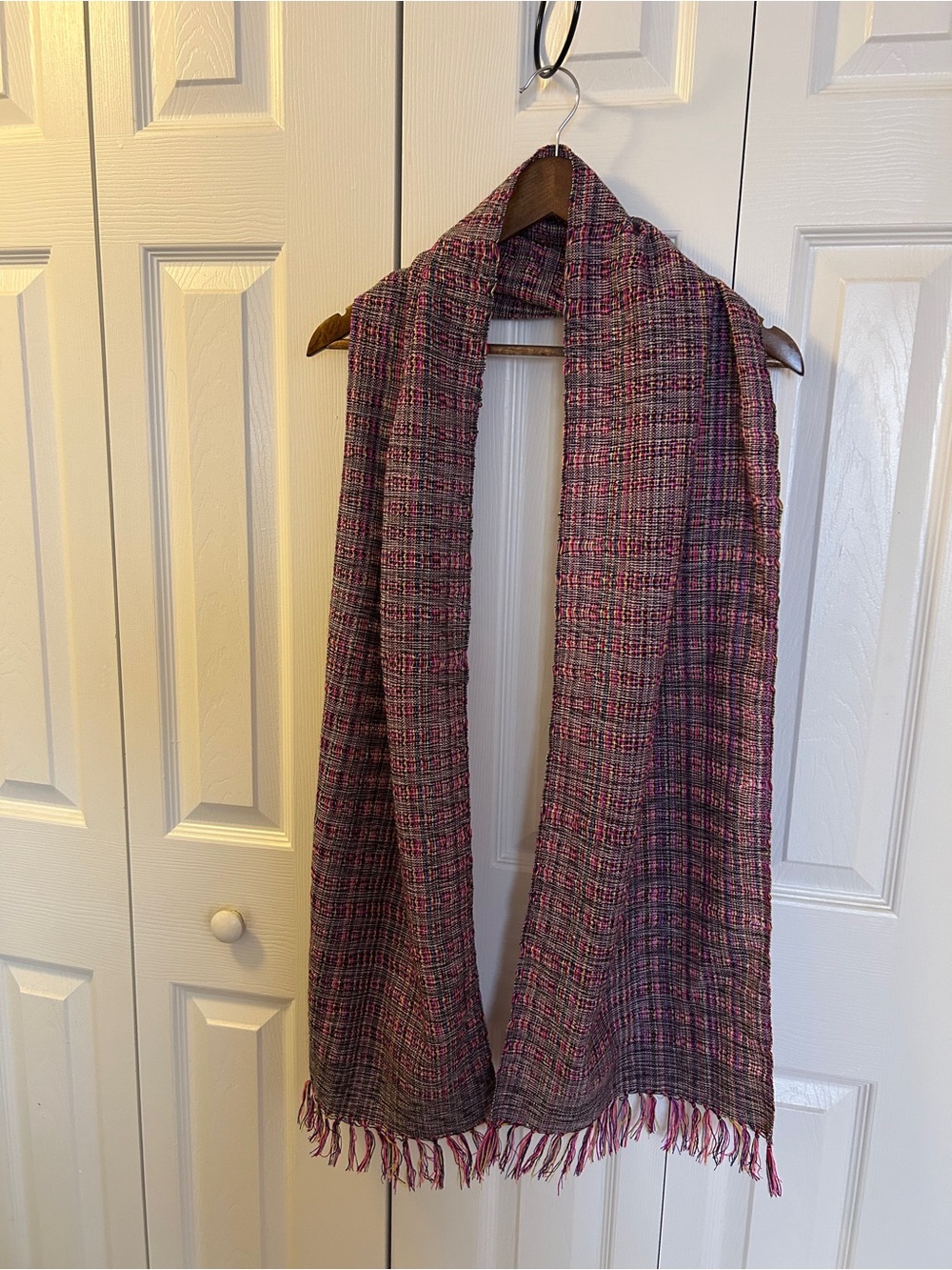 Woven Linen Purple Fringe Scarf with Gray and Pink